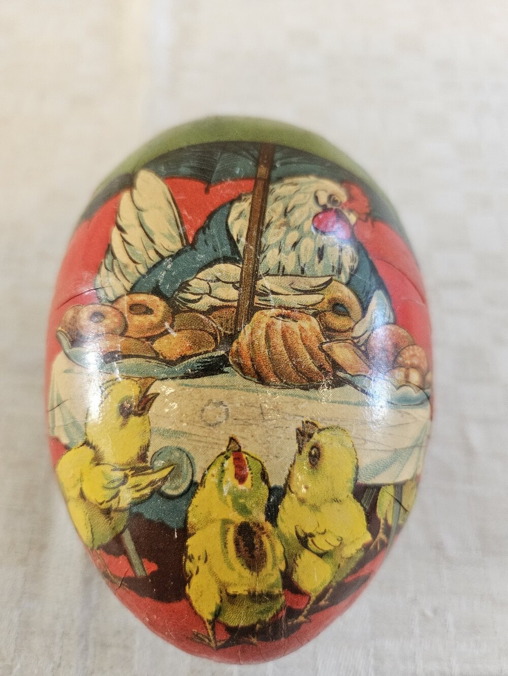 vintage papier-mâché Easter egg container market scene hen and chicks umbrella